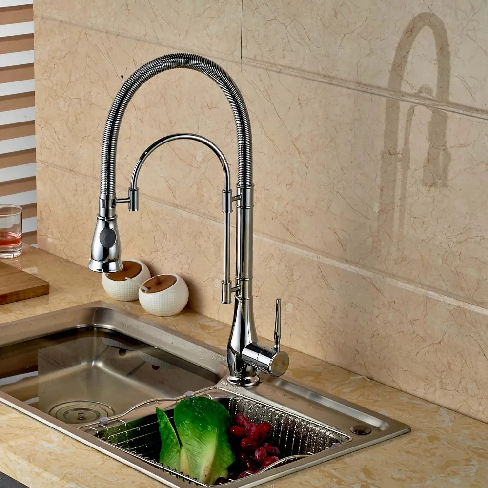 Deck Mounted Kitchen Faucet Swivel Spout Vessel Sink Mixer Tap Dual Sprayer Spring Kithcen Faucet Hot