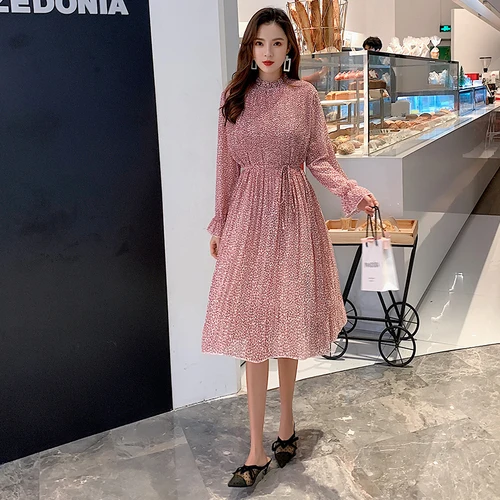Elegant Stand Collar Floral Print Women Dress Full Sleeve Elastic Slim Waist Chiffon Autumn A-line female Dress Elegant Stand Collar Floral Print Women Dress Full Sleeve Elastic Slim Waist Chiffon Autumn A-line female Dress