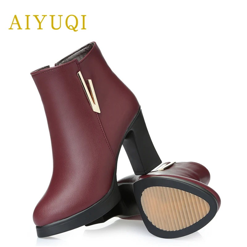 AIYUQI 2018 new genuine leather ankle boots for women red high heel wedding boots size fashion sexy winter wool warm boots Women's Shoes
