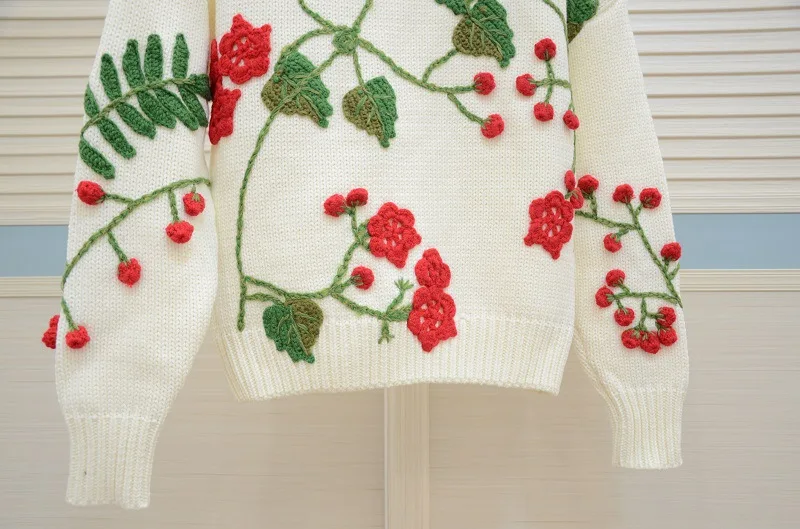 Women's Autumn Sweater Coarse lines knitting Pullovers hand made Floral Embroidery Sweater Loose O-neck roupas feminina Sweaters