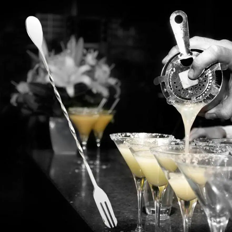 

1PC Bar spoon Stainless Steel Bar Double-headed Cocktail Twisted Mixing Stirring Spoon Fork DIY Kitchen Accessories #E0