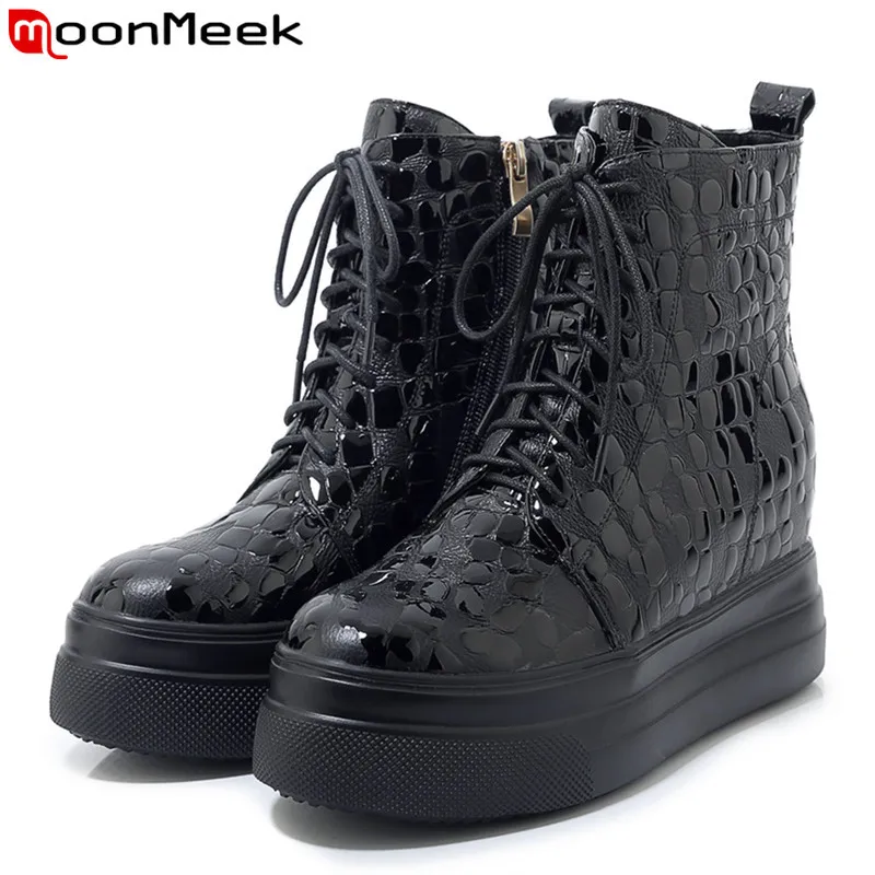 

MoonMeek 2020 FASHION new genuine leather boots round toe platform autumn winter boots Internal elevation ankle boots for women