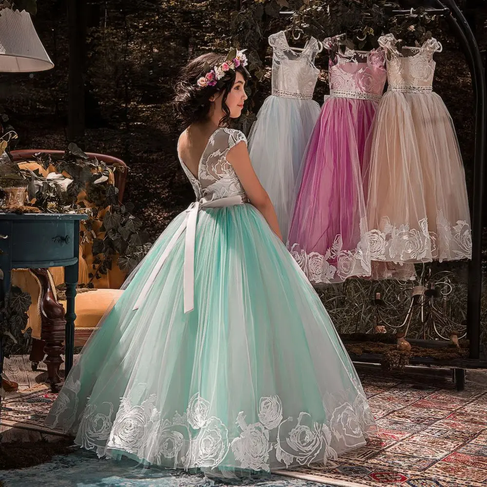 Teen Girls Dresses 2018 Tule Lace Children Wedding Princess Party Evening Clothing Formal Pageant Gown Bridesmaid Dress For Kids (10)