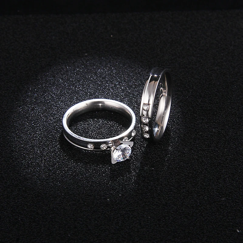 CACANA Stainless Steel Wedding Ring For Lovers IP SILVER Color Crystal CZ Couple Rings Set Men Women Engagement Wedding Rings