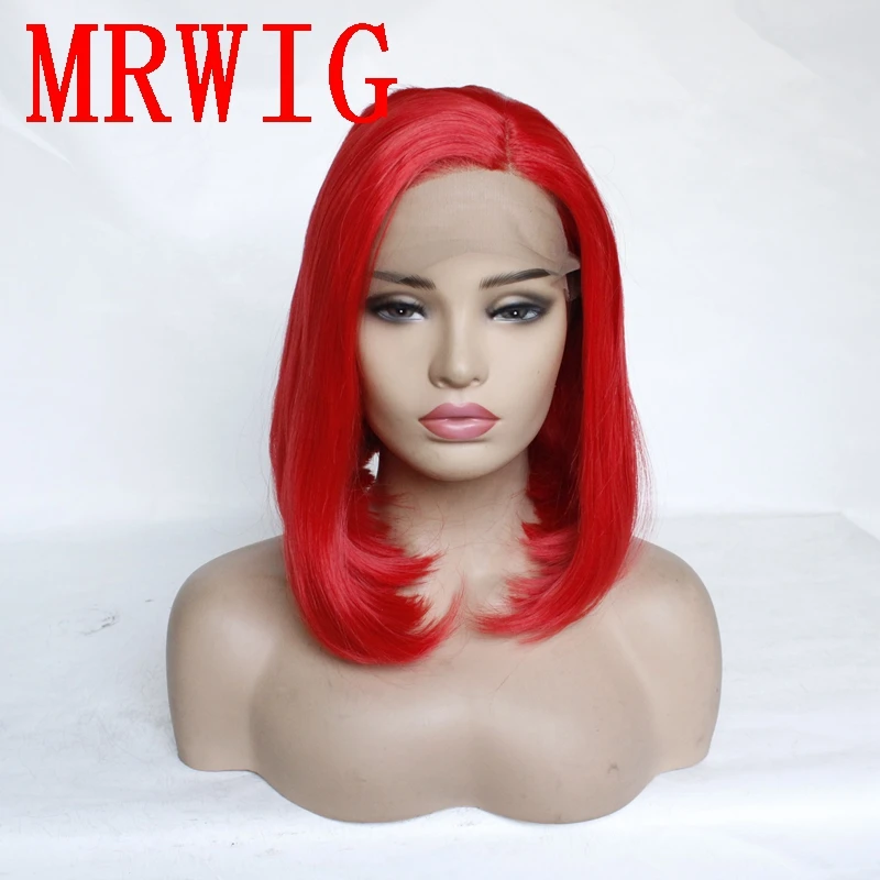 

MRWIG 12in Short Bob Synthetic Lace Front Wig Left Side Part Red Hair Color for African American Woman