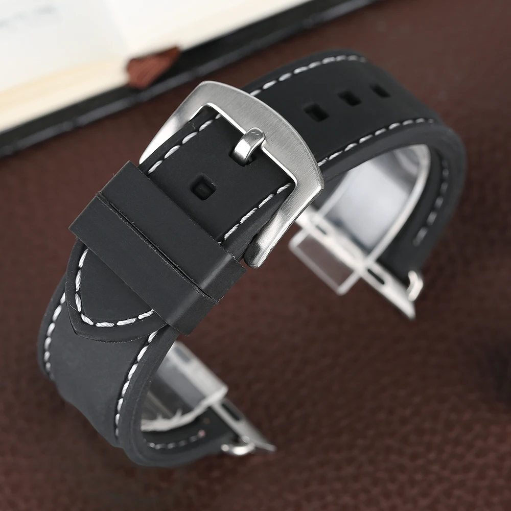 YISUYA Men Watch Strap Band Waterproof Soft Diving Black Silicone For iWatch Apple Watch 38 mm Military Red Line Stitching Xmas (23)
