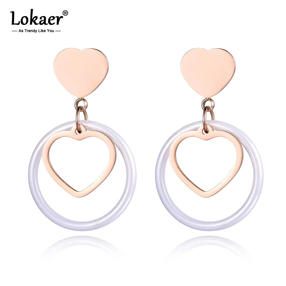 

Lokaer Romantic Stainless Steel White Ceramic Stud Earrings Jewelry For Women Rose Gold Double Heart Wedding Earrings E19033