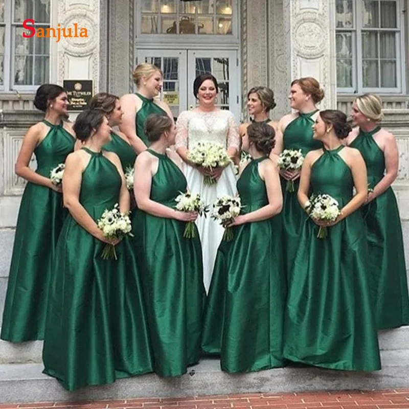 Изумрудно-зеленое платье для подружек невесты трапециевидной формы с жемчужным вырезом без рукавов длинное свадебное вечернее платье