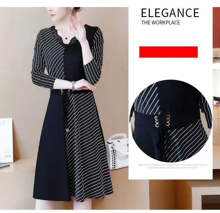 2019 Korean Fashion Women Dress Autumn Large Size Dresses Striped Patchwork Dress Ladies Lace V-Neck Long Sleeve Vestidos Robe Femme (3)