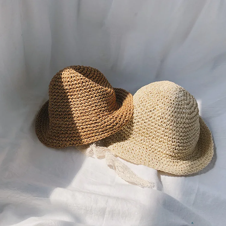 

Korean Child Wide Eaves Straw Hat Girl Lace Wearing Leisure Vacation Sunshade Hat Sweet Solid Color Hat