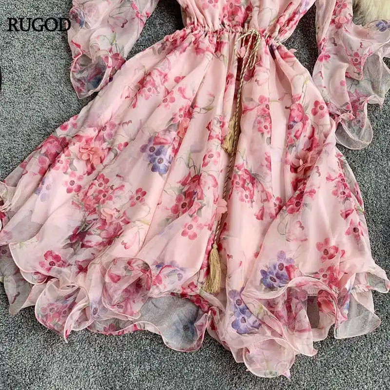 RUGOD женское элегантное шифоновое платье с цветочным принтом V образным вырезом с расклешенными рукавами с поясом миди платье тонкая туника платье плятья Mujer