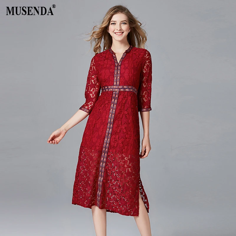 

MUSENDA Plus Size Women Red Lace 3/4 Sleeve Tunic Split Hem Dress New Spring Autumn Female Office Lady Vintage Party Dresses