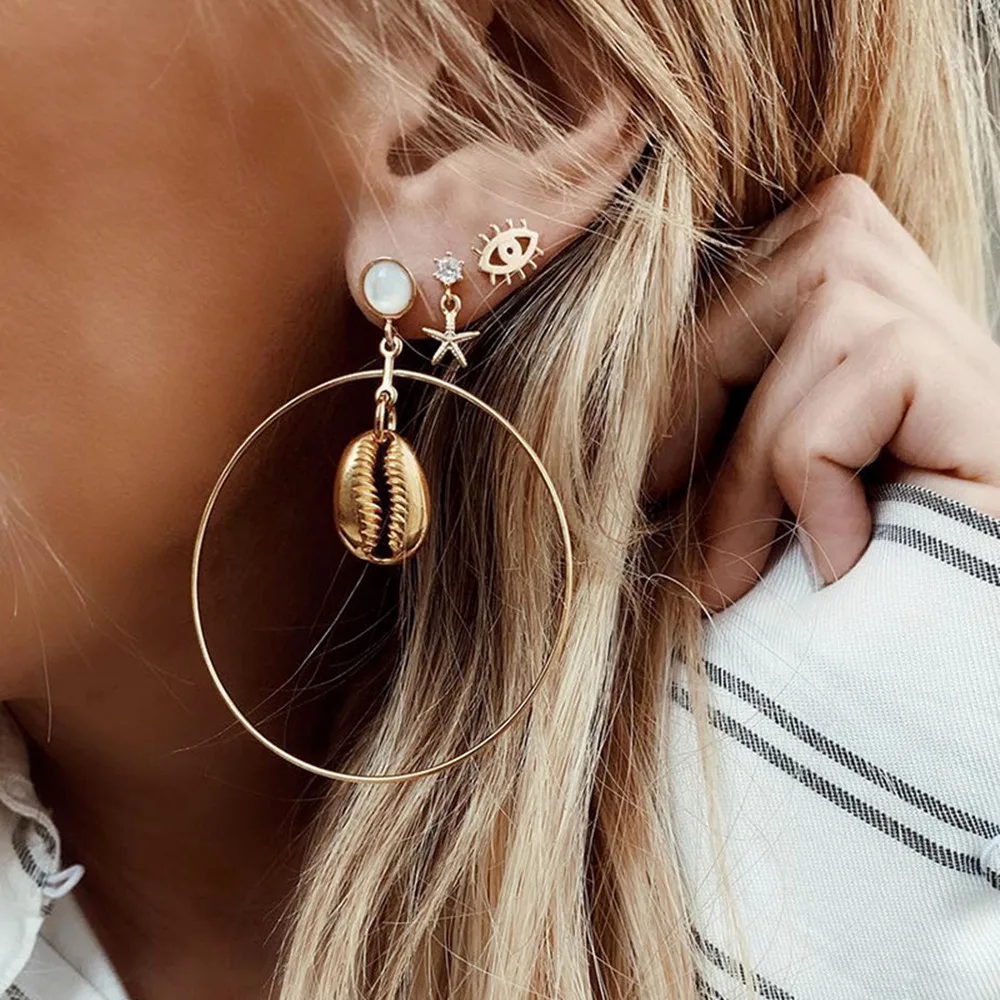 

3 Pairs/Set Fashion Statement Earrings Big Circle Shell Earrings For Women Hanging Dangle Crystal Star Earring Modern Jewelry