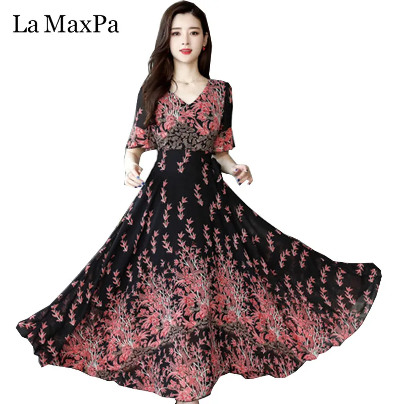 

V Neck Chiffon Womens Dresses New Arrival 2019 Print maxi Dresses Short Sleeve Beach Holiday Sundress Casual Loose Vestidos