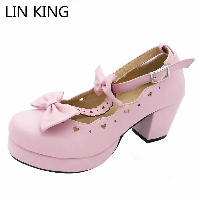 

LIN KING Sweet Pu Women Pumps Buckle Bowtie Lolita Princess Cosplay Party Shoes Female Kawaii Round Toe High Heel Platform Shoes