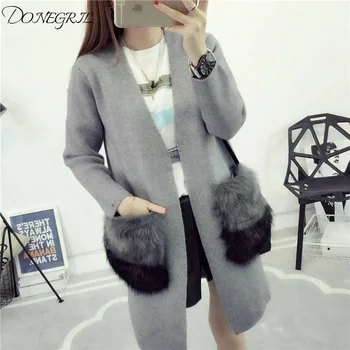 

2019 Women Cardigan New Autumn Female Cashmere Cardigan Long Sweater V-Neck Knit Shirt Slim Version Big Yards coat faux fox fur
