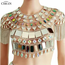 Chran Tassels Shoulder Chain Jewelry Fashion Festival Costume Cosplay Wear Body Chain Iridescent Sequin Crop Top chran gem bead crop top chainmail rave bra black chain shoulder necklace ibiza sonar wear edm outfit body jewelry chain crn2801