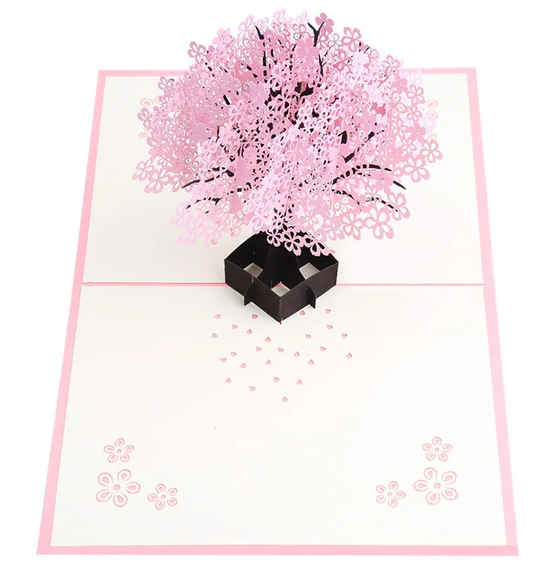  3D Romantic Cherry Blossom Greeting Cards Word Message Wishes With Envelopes Birthday Wedding Invit - 32978717461