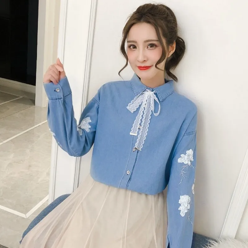 Весенняя Новинка Camisa Feminina Manga Longa вышивка кружево бант на шнуровке повседневные