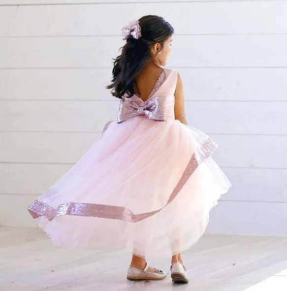 

Sparkly High low Bling blush pink sequins flower girl dresses toddler pageant gown baby first birthday party outfit with bow