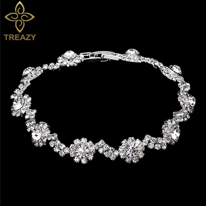 TREAZY NEW Wave Shape Crystal Bracelet For Women Silver Color Bridesmaid Bridal Link Bracelets &amp Bangles Wedding Jewelry Gift | Украшения