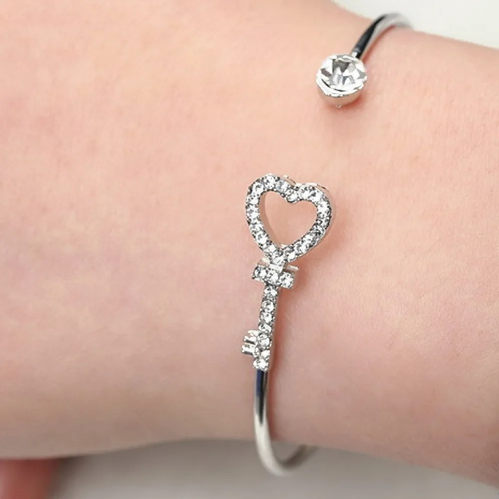 Women Girl Simple Style Rhinestone Love Heart Bangle Cuff Opening