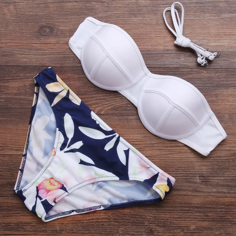 

NewDesign  Women's Bikinis Hot Sexy White Solid Push-up Padded Top Print Flower Buttom Swimwear Beachwear Sun Bathing SwimSuit