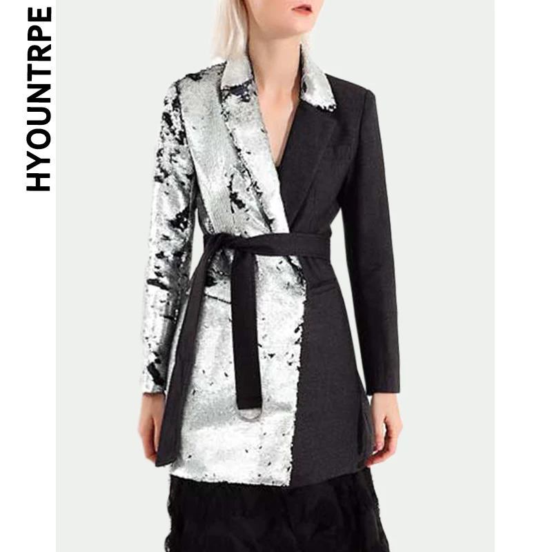 

Metal Sequins Spliced Blazer Women New Spring Long Sleeve Mini Dresses Blazers with Belt Fashion Shiny Party Streetwear Female
