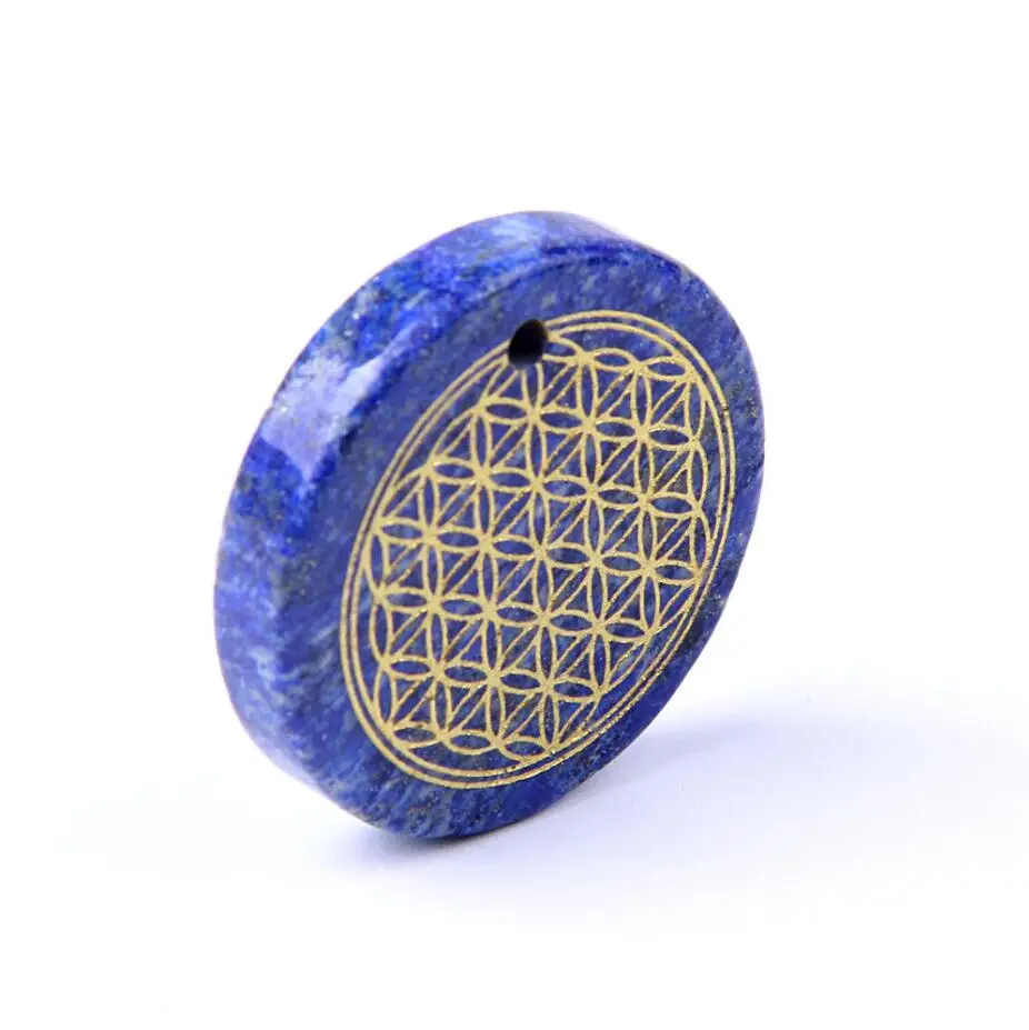 

Natural Lapis Lazuli Stone Flower of Life Healing Crystal Pendant Round Shape