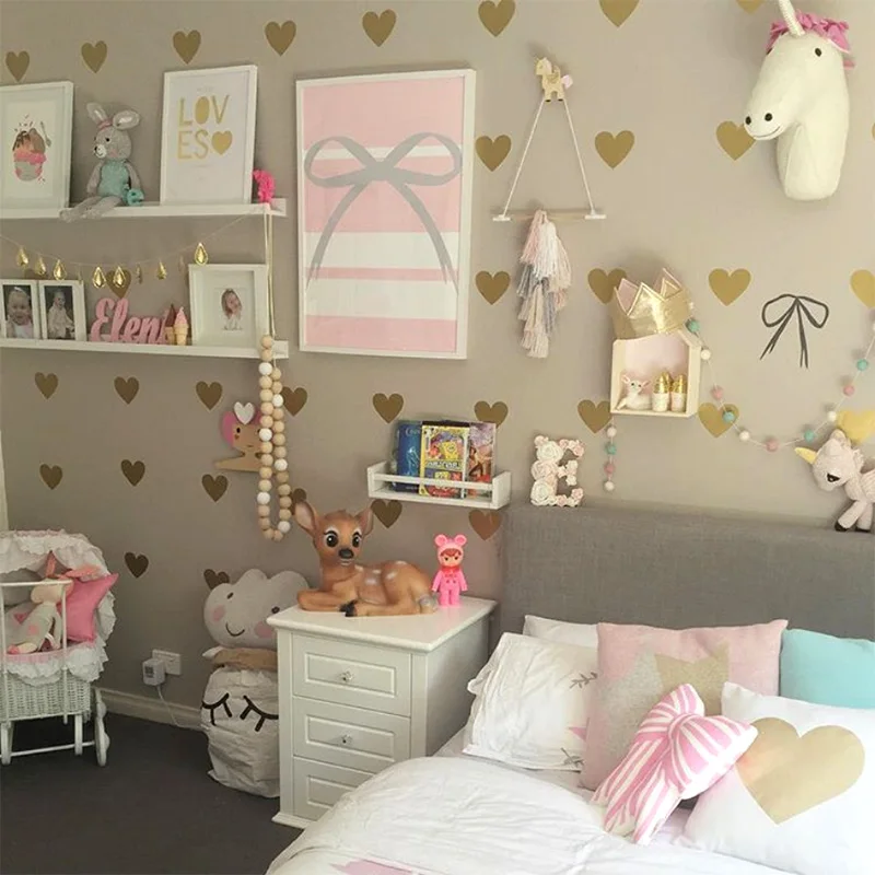 Девушка комната золотые наклейки на стену в форме сердца Детская Наклейка на стену в детскую спальню Наклейка на стену для детской комнаты легкое украшение для дома