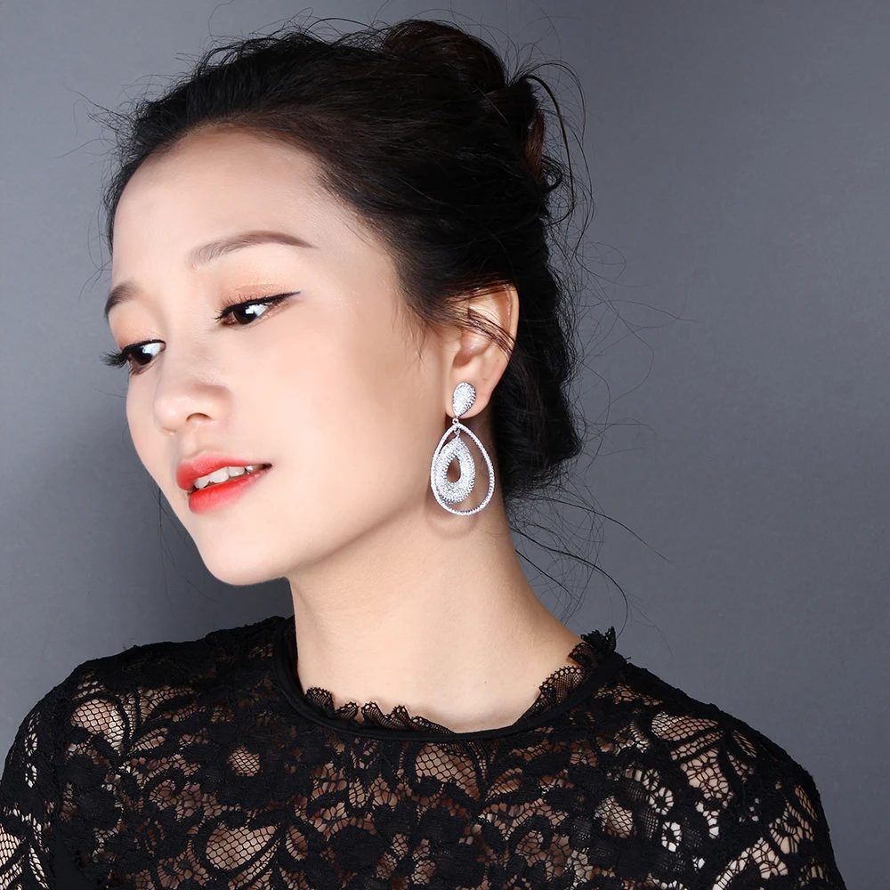 New Teardrop Shape Earrings Brincos Pave All Clear Cubic Zirconia Female Statement Jewelry