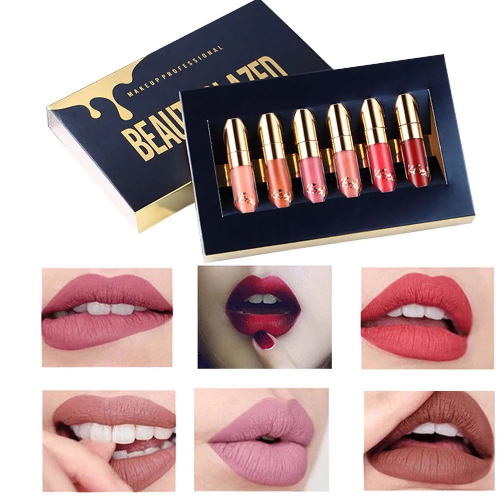 

Beauty Glazed Gold 6Pcs Matte Liquid Lipstick Set Easy To Wear Makeup Lip Gloss Long-lasting Waterproof Lipgloss Kit For Women