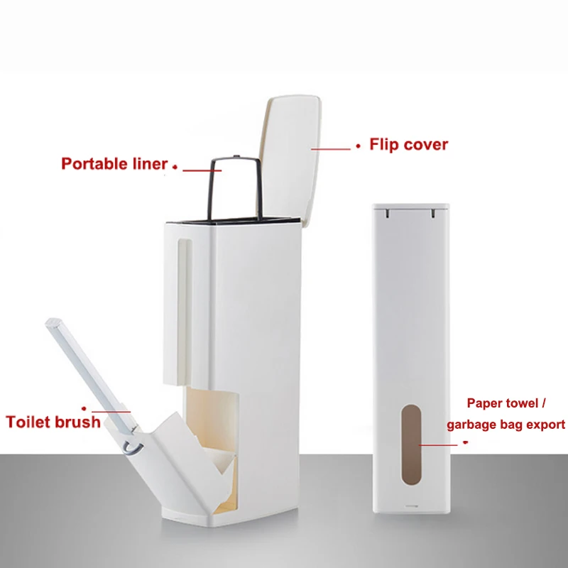 Narrow Bathroom Trash Can Waste Bins Toilet Trash Bin with Lid Toilet Brush Garbage bag storage