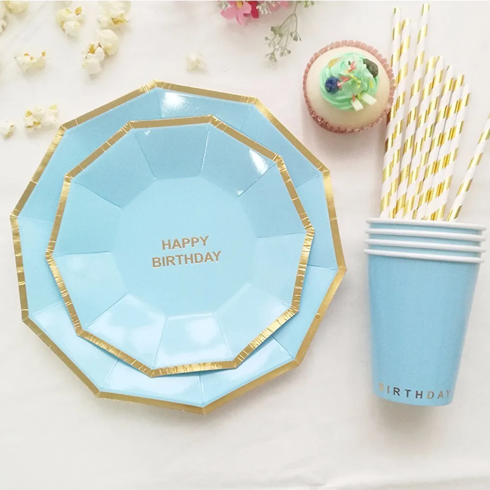 49Pcs/Set Solid Color Disposable Tableware Sets Party Paper Plates Cups Paper Drinking Straws Birthday Christmas Party Supplies - Цвет: Light Blue