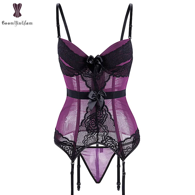 Wholesale Cheapest Sexi Corset Lingerie Lace Transparent Padded Cup Bustier Lingeries Top Suspender Belt Straps Underwear Korse - Цвет: purple