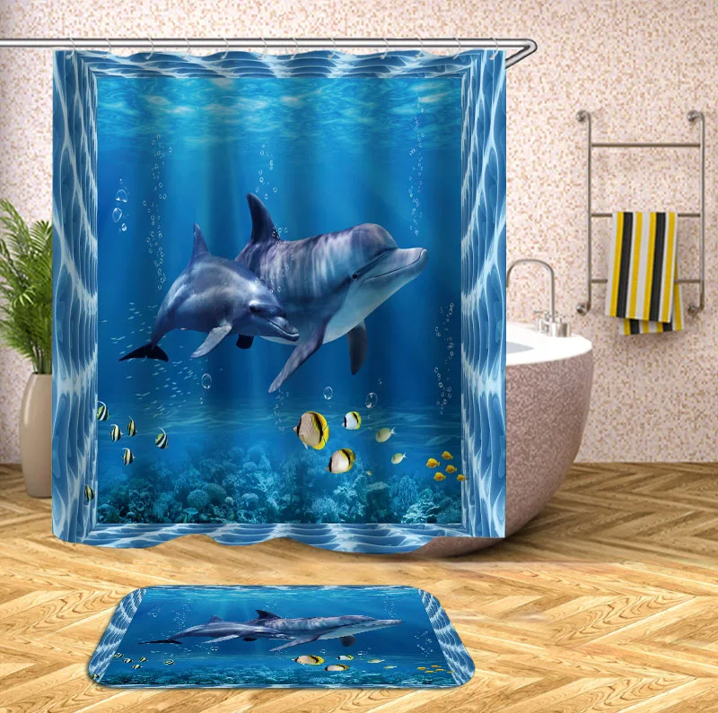

Boutique Modern Waterproof shower 3D Underwater world dolphin fish Shower Curtain Bathroom Curtain fish curtains for bath room
