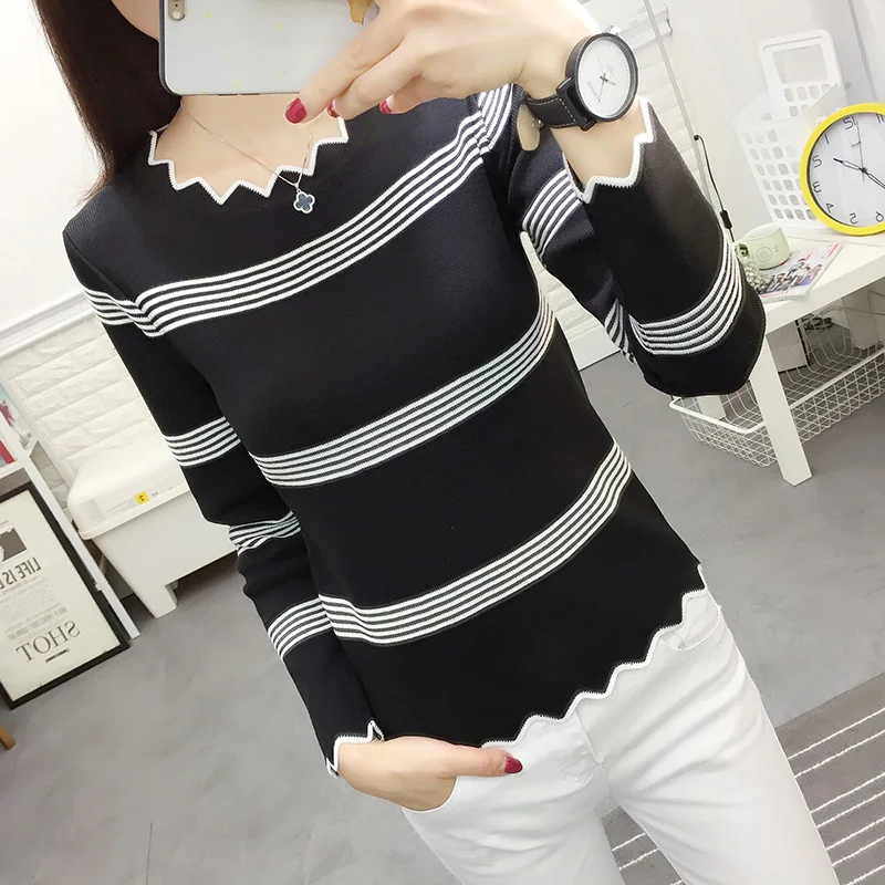 

New Arrivals Women Knitted Zebra-stripe Thermal Brief Basics Pullovers Suits Ladies Long Sleeves Sweater Top Blouse Shirts