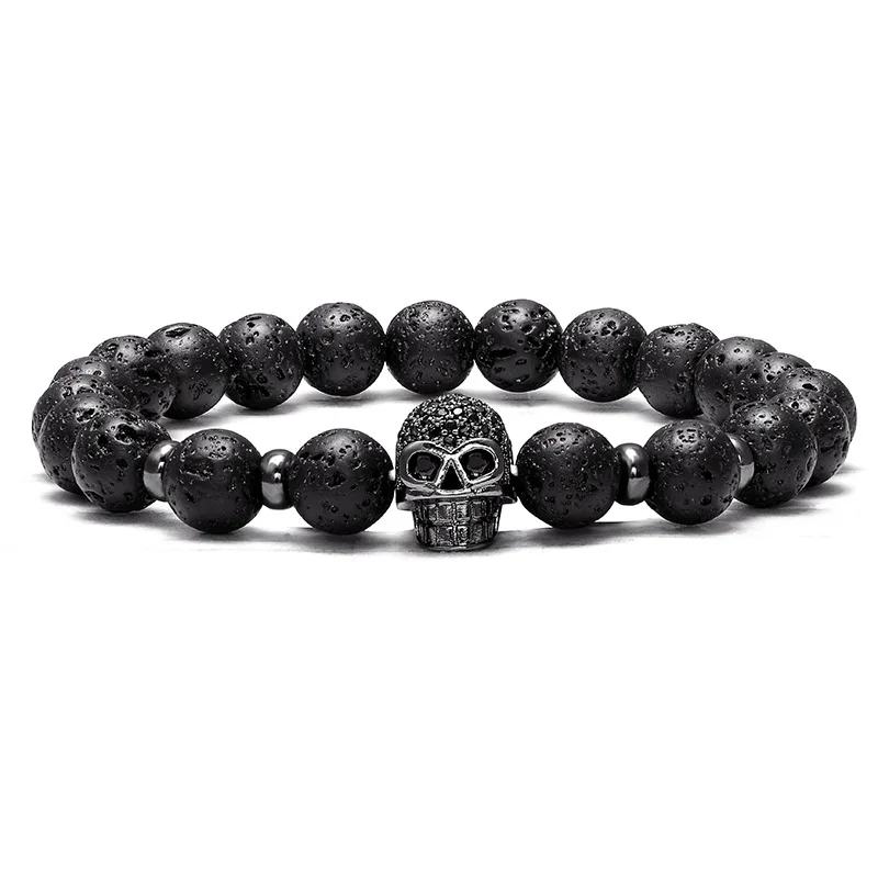 

JAAFAR Fashion Natural Stone Beads Men's Bracelet CZ Skull Black Lava Stone Energy Stone Beads Men's Yoga Jewelry Gifts AS953
