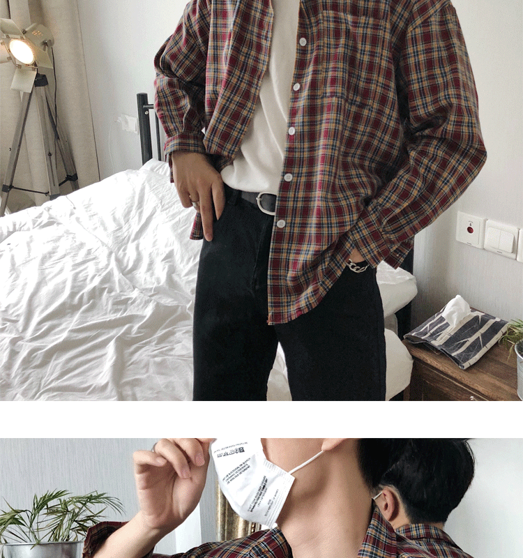 Повседневное молодежи плед хлопок отложным воротником Для мужчин Camisa 2018 Гонконг Стиль для отдыха с длинным рукавом решетки свободные