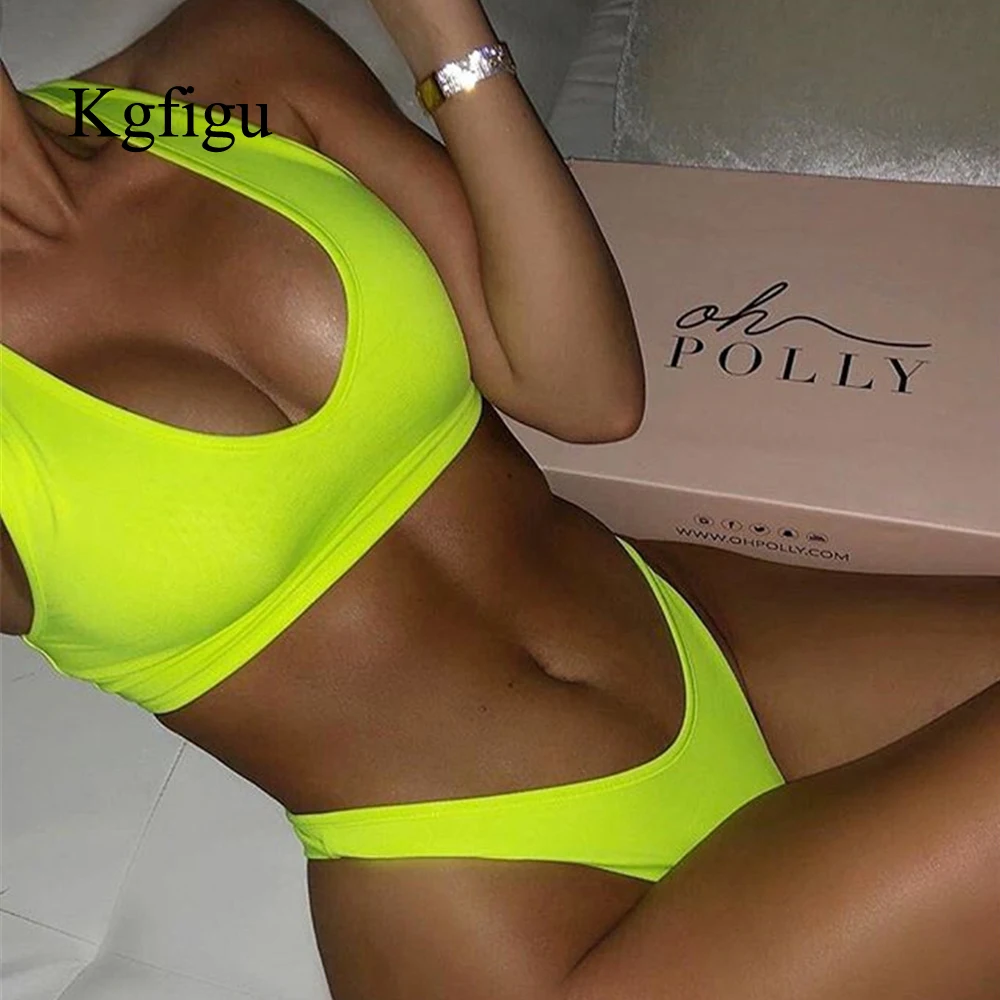 

KGFIGU two piece set summer clothes for women 2019 v neck tank tops and short thong shorts sets neon orange matching sets