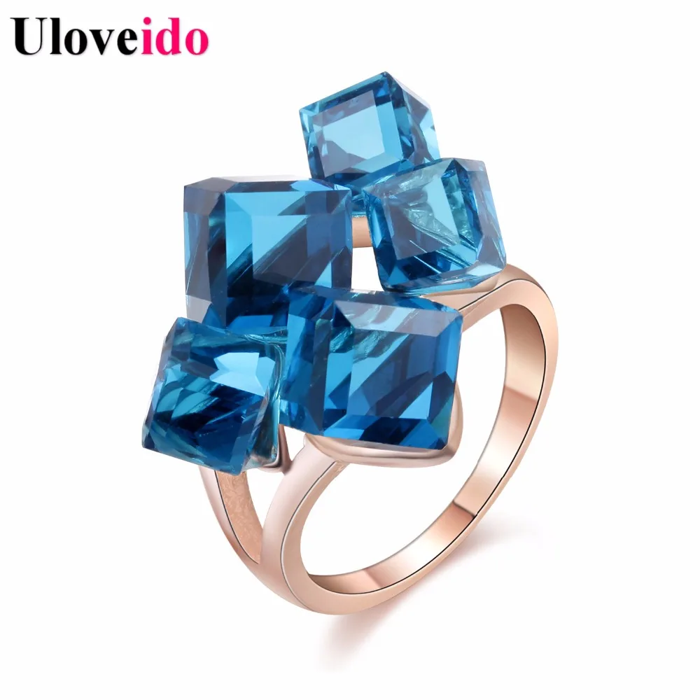 Uloveido Ladies Crystal Engagement Cocktail Ring Large for Women Zircon with Blue Stones Rhinestones Jewellery Girl Gifts GR123