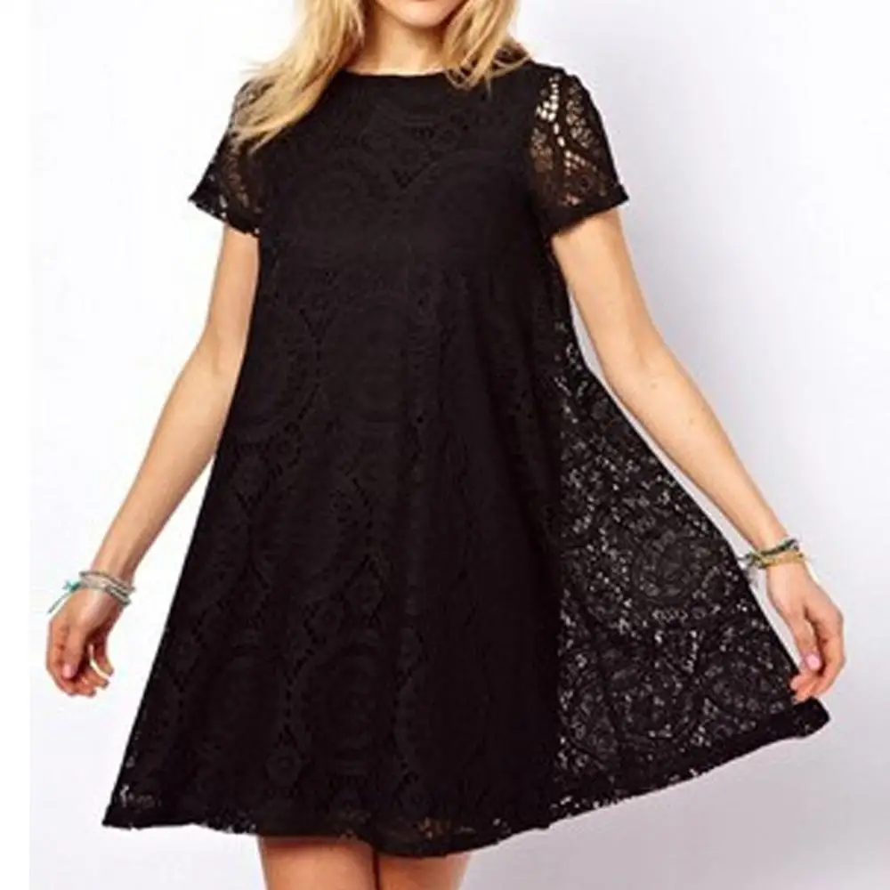 

Fashion Women mini dress 2019 Sexy Plus Size Solid print Short Sleeve O-Neck Lace Hollow out Dress