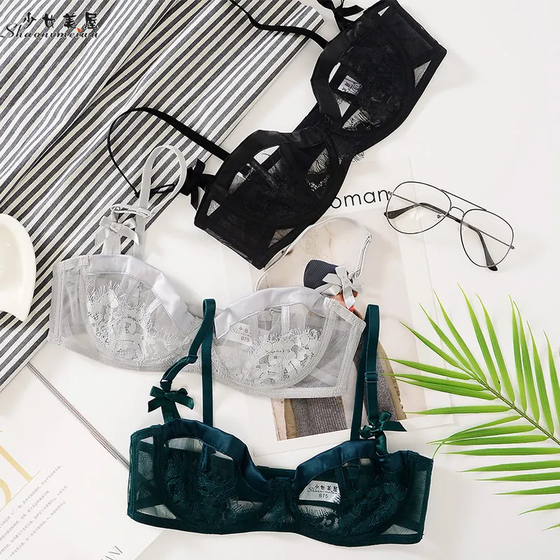 Sexy ultra-thin lace bra without sponge transparent half cup underwear comfortable bra woman
