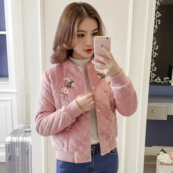 

Fashion Coats Autumn Winter Women thick Jacket Bomber Long Sleeve Coat Casual Gold velvet embroidery Stand Collar Outerwear