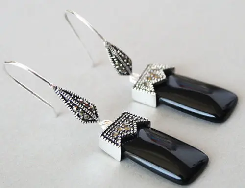 

hot sell new - wb003 SILVER BLACK ONYX & MARCASITE GLOSS RECTANGLE DANGLE Hook EARRINGS