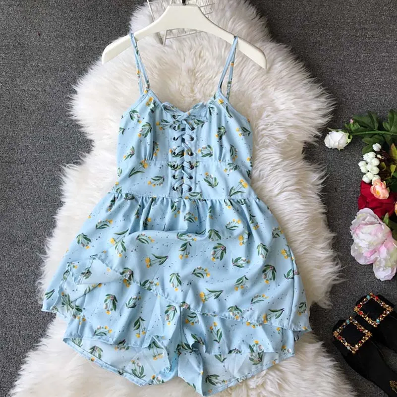 Printed Floral Lace Up Summer Playsuits Retro Daisy Flowers High-waist Suspender Beautiful Chiffon Rompers for 2019 Printed Floral Lace Up Summer Playsuits Retro Daisy Flowers High-waist Suspender Beautiful Chiffon Rompers for 2019