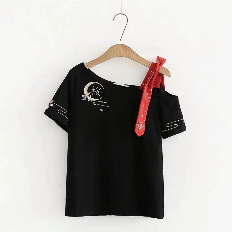 Женский комплект из футболки и юбки в японском стиле, милый черный ...
