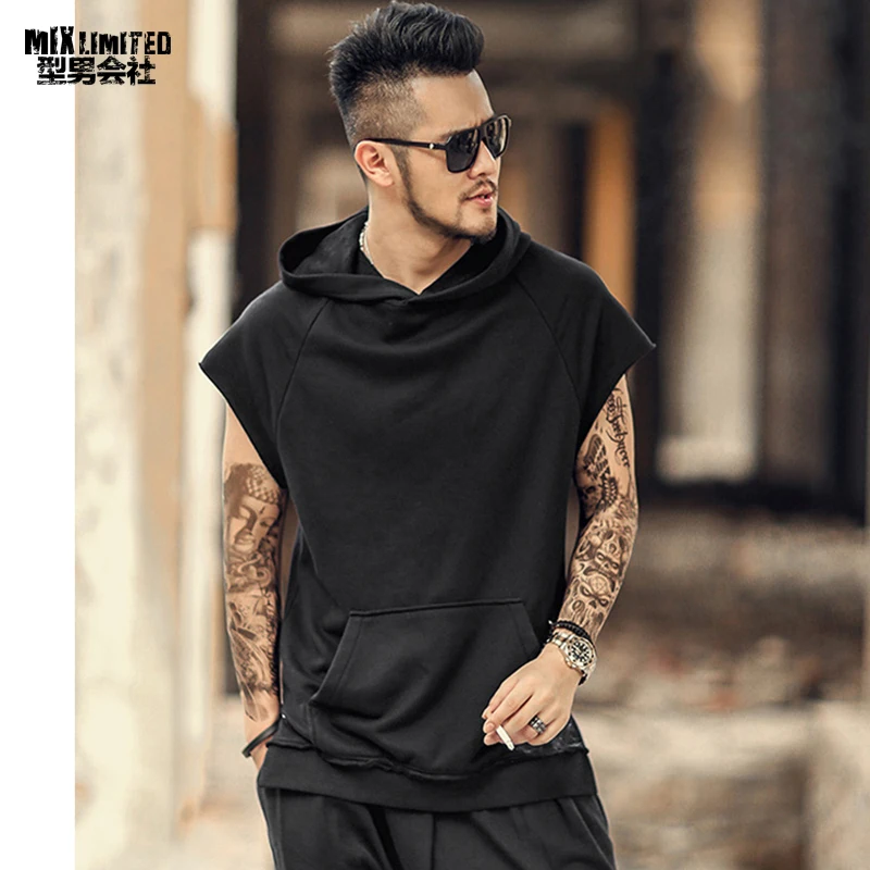 

New style summer men slim black high street short sleeve sweatshirt metrosexual men casual cotton hooded hip hops tank tops T326
