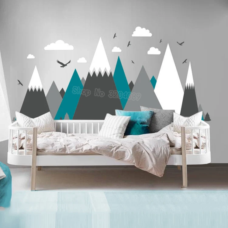 

Gray Cream Mountains Wall Sticker Home Decor For Kids Room Nursery - Eagles Pine Trees Clouds Beautiful Art Murals Decal JW373