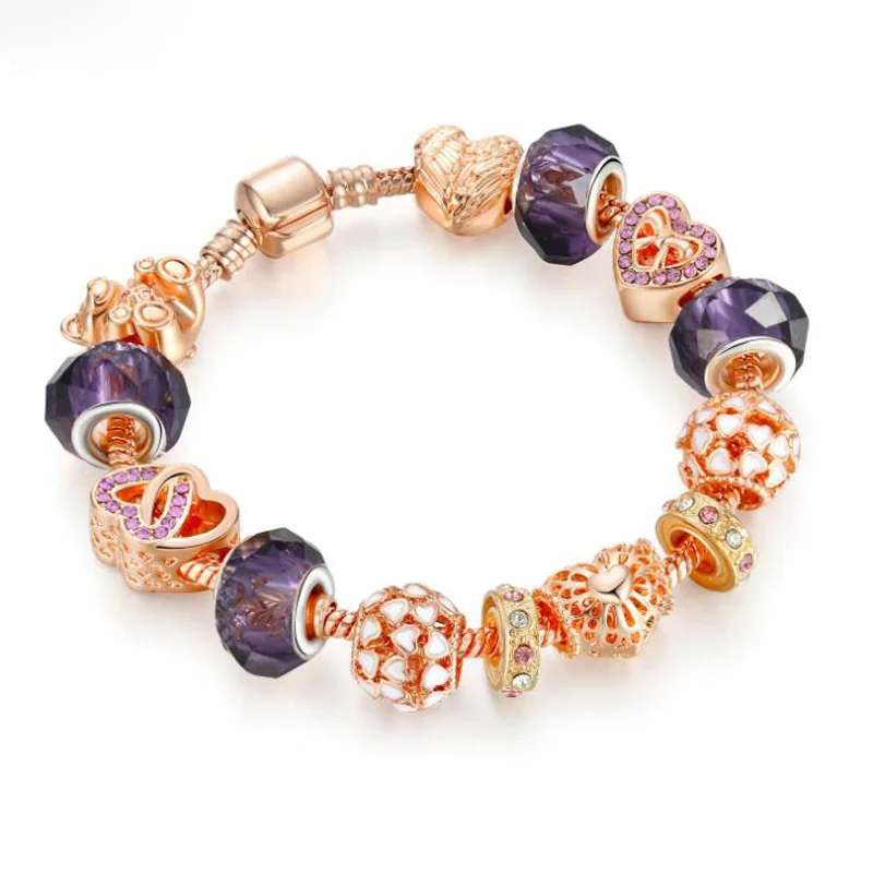 Модный золотой браслет подвески для женщин Кристалл Фиолетовый Бисер Fit Pandora
